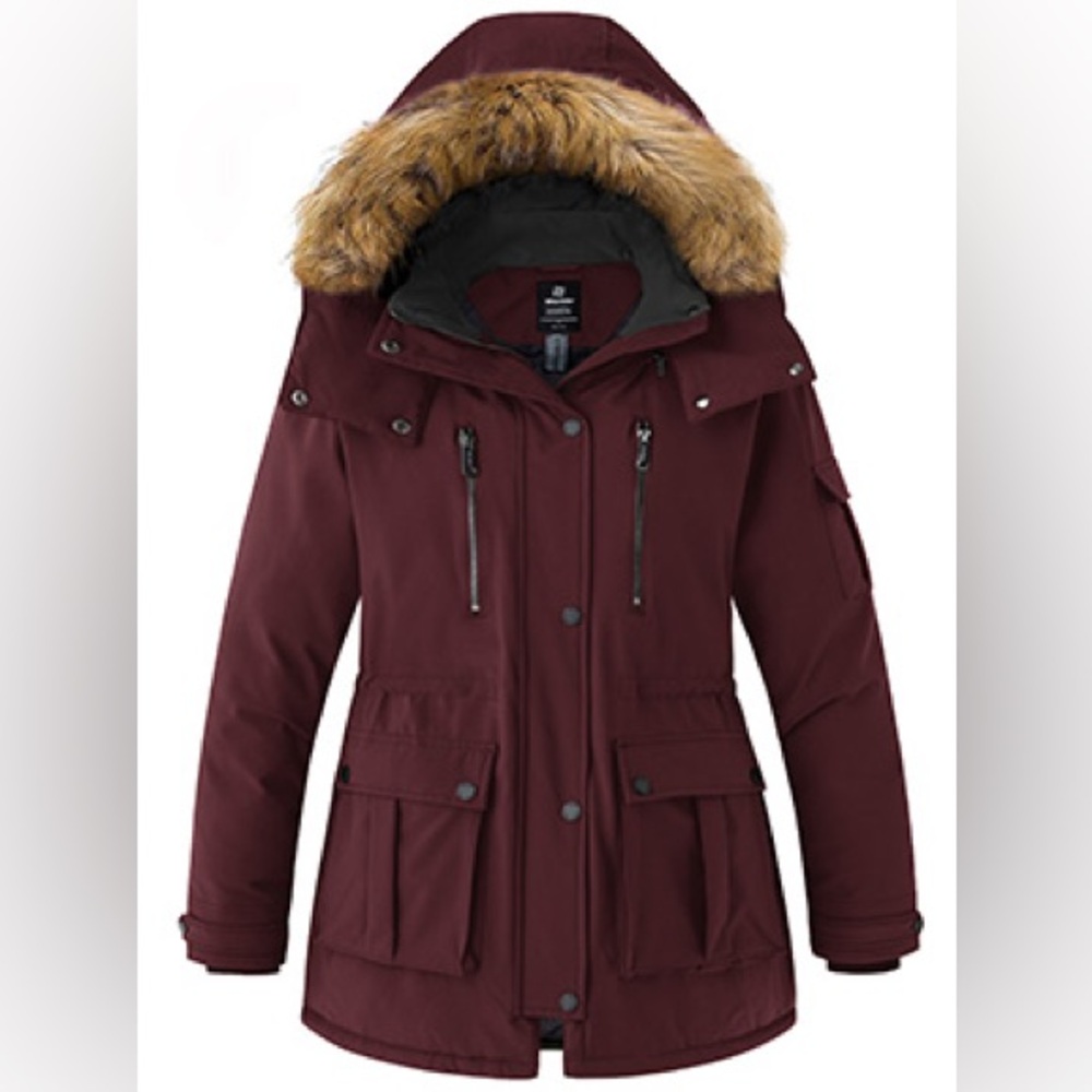 Women's Maroon Ski Jacket with Faux Fur Hood